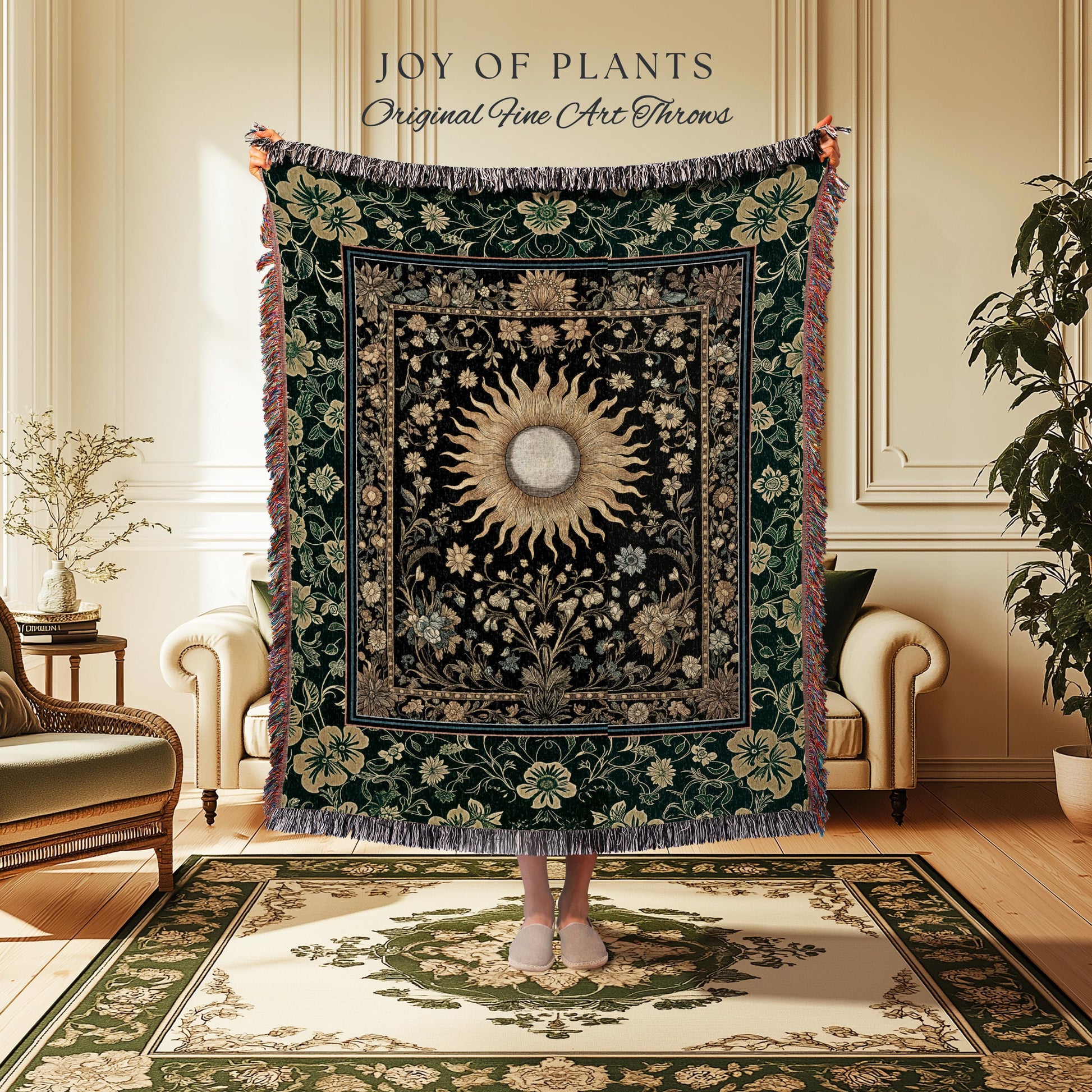 Boho Tarot Sun Coverlet Woven | Zodiac Inspired Mystical Throw Blanket Floral Whimsical Ethereal Moon and Stars Astrology Tapestry Witchy |