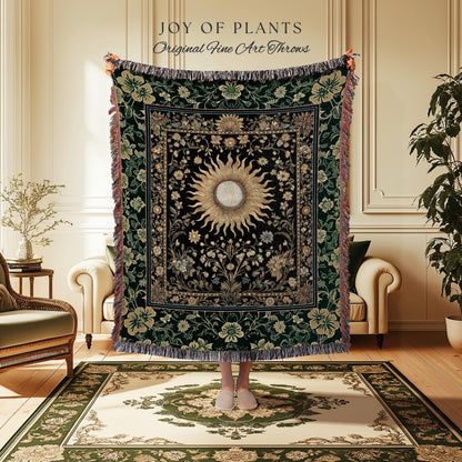 Boho Tarot Sun Coverlet Woven | Zodiac Inspired Mystical Throw Blanket Floral Whimsical Ethereal Moon and Stars Astrology Tapestry Witchy |