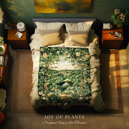 Castle Landscape Botanical Throw Blanket | Fairytale Aesthetic Mystic Garden Tapestry Throw Fairycore Woodland Nature Princesscore Blanket