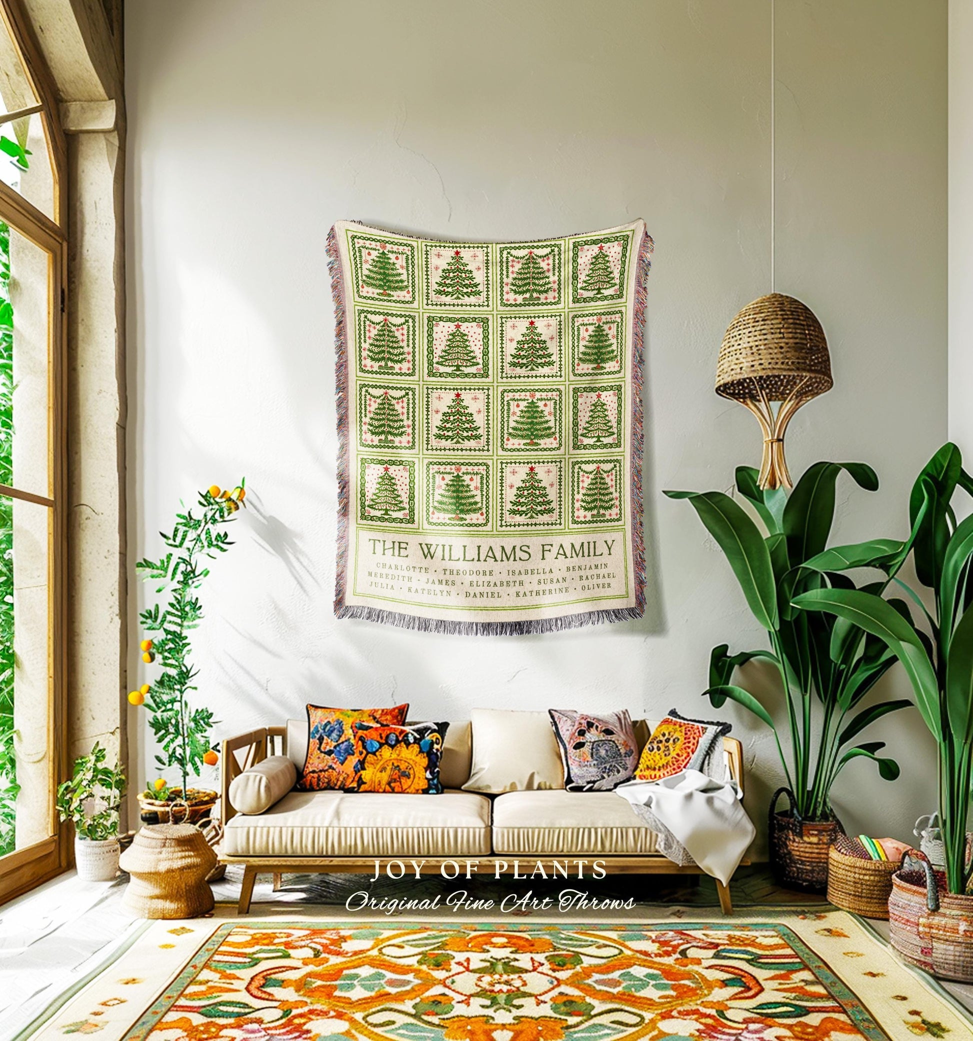 Personalized Family Tree Christmas Woven Throw Blanket | Festive Patchwork Folk Art Tapestry Wall Hanging Custom Sentimental Gift with Names