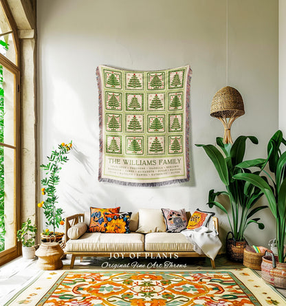 Personalized Family Tree Christmas Woven Throw Blanket | Festive Patchwork Folk Art Tapestry Wall Hanging Custom Sentimental Gift with Names