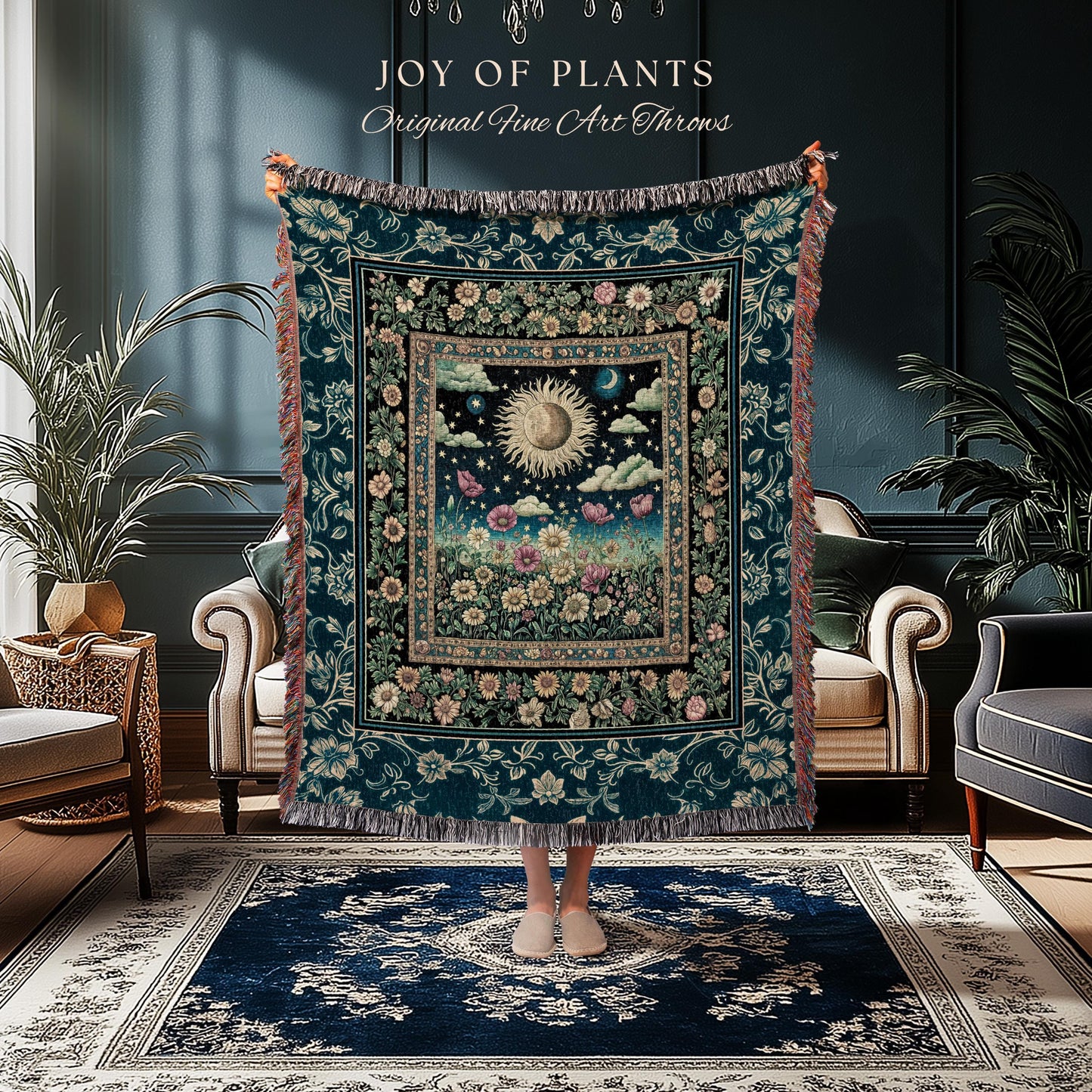 Floral Gothic Celestial Tapestry Woven | Witchy Tarot Sun Moon Stars Spiritual Tarot Decor Bohemian Indie Bedroom Cozy Cottagecore Aesthetic