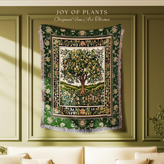 Emerald Green Floral Tree of Life Tapestry Blanket Jacquard Woven Coverlet