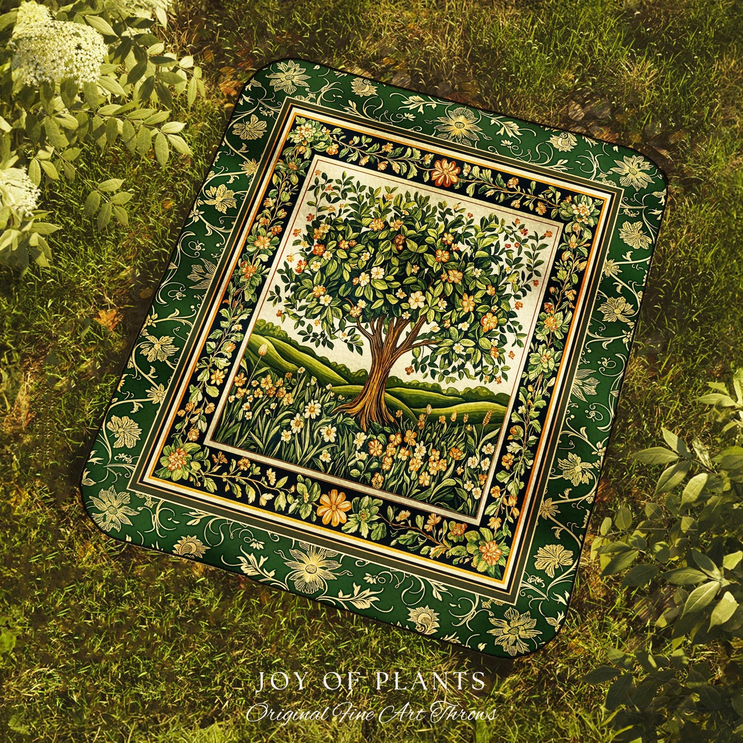 Emerald Green Floral Tree of Life Tapestry Blanket Jacquard Woven Coverlet