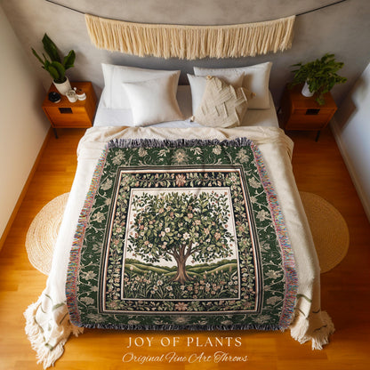 Emerald Green Floral Tree of Life Tapestry Blanket Jacquard Woven Coverlet
