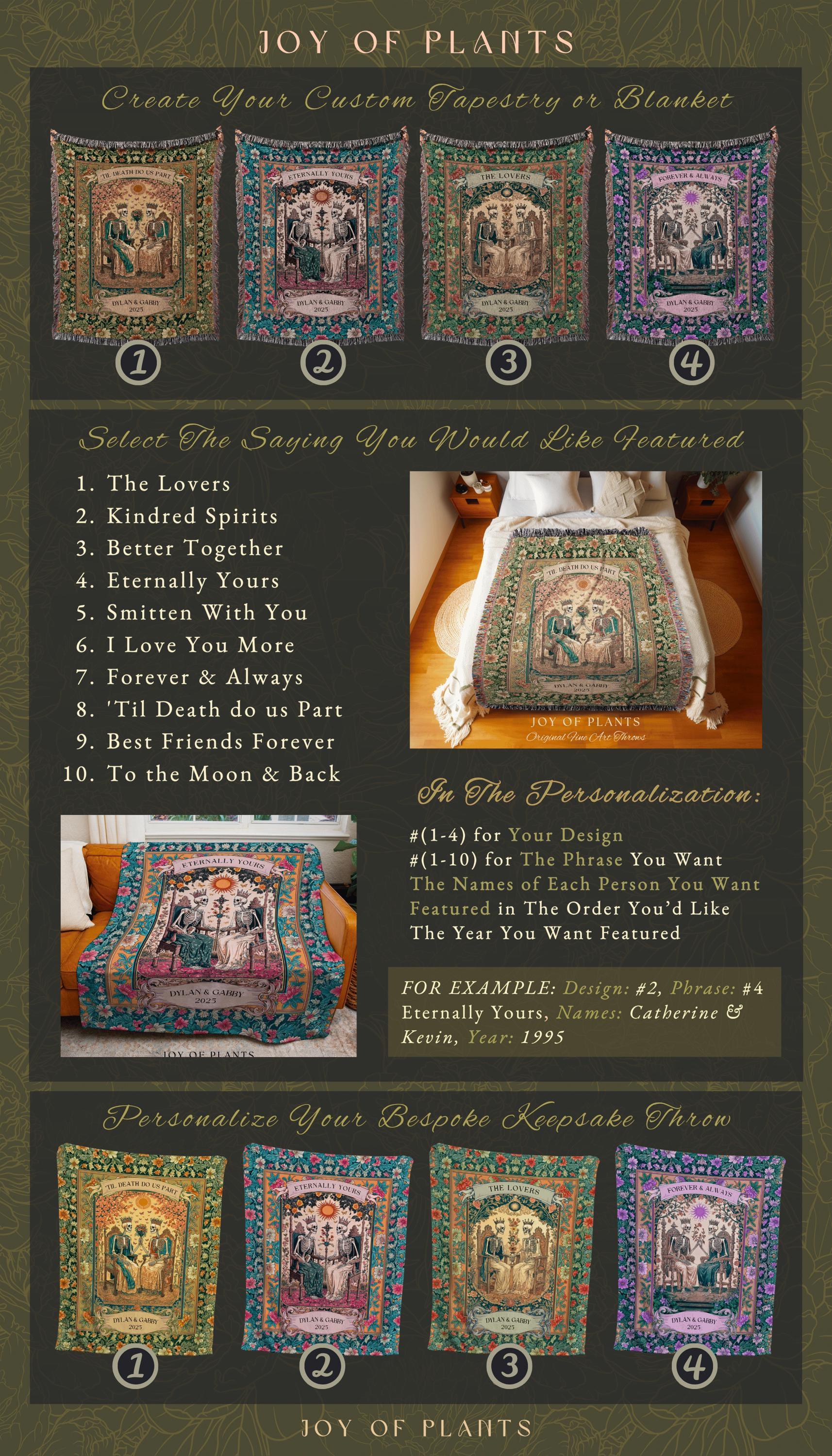 Floral Gothic Royal Skeleton Wedding Woven Wall Tapestry | Personalized Baroque Throw Blanket Whimsical Celestial Keepsake Anniversary Gift