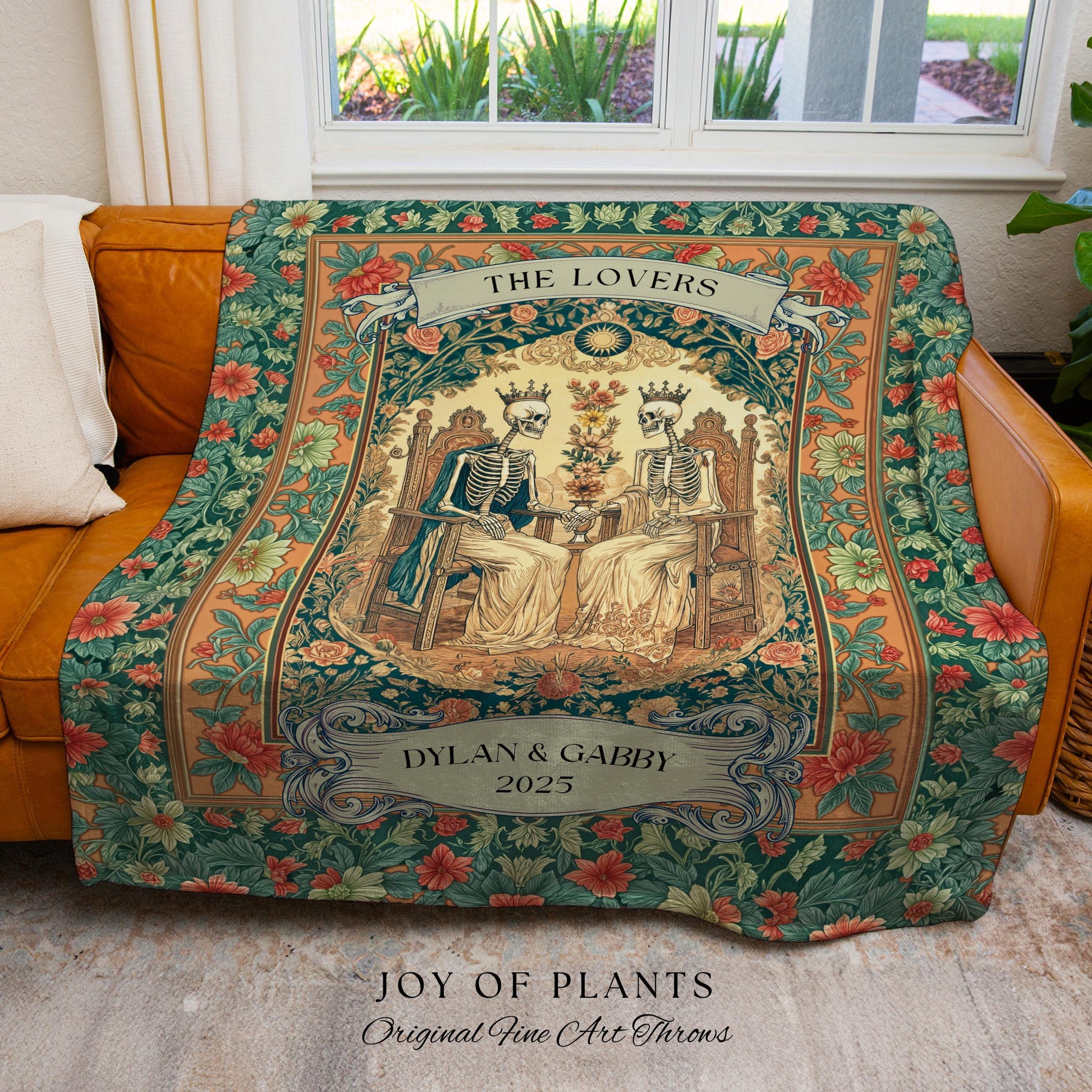 Floral Gothic Royal Skeleton Wedding Woven Wall Tapestry | Personalized Baroque Throw Blanket Whimsical Celestial Keepsake Anniversary Gift