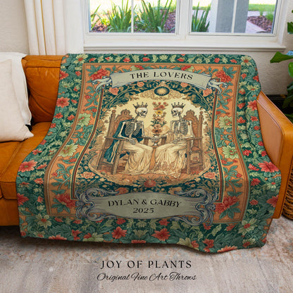 Floral Gothic Royal Skeleton Wedding Woven Wall Tapestry | Personalized Baroque Throw Blanket Whimsical Celestial Keepsake Anniversary Gift