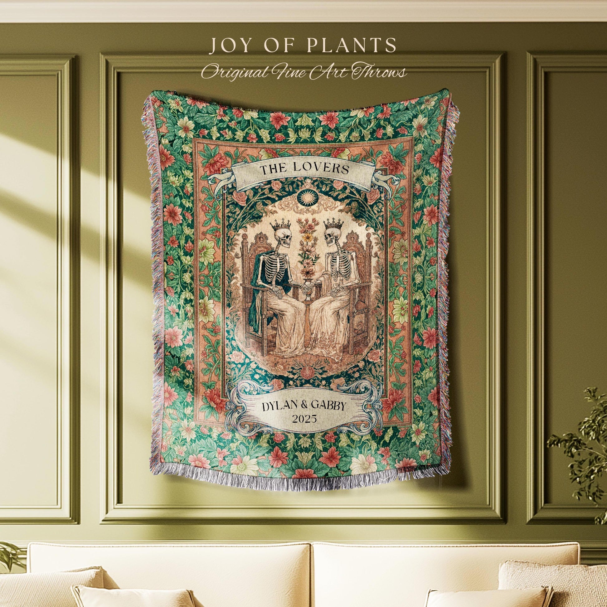 Floral Gothic Royal Skeleton Wedding Woven Wall Tapestry | Personalized Baroque Throw Blanket Whimsical Celestial Keepsake Anniversary Gift