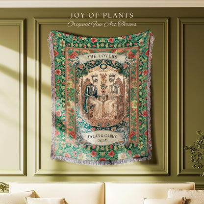 Floral Gothic Royal Skeleton Wedding Woven Wall Tapestry | Personalized Baroque Throw Blanket Whimsical Celestial Keepsake Anniversary Gift