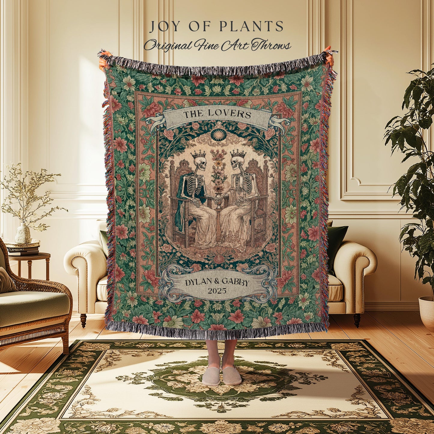 Floral Gothic Royal Skeleton Wedding Woven Wall Tapestry | Personalized Baroque Throw Blanket Whimsical Celestial Keepsake Anniversary Gift
