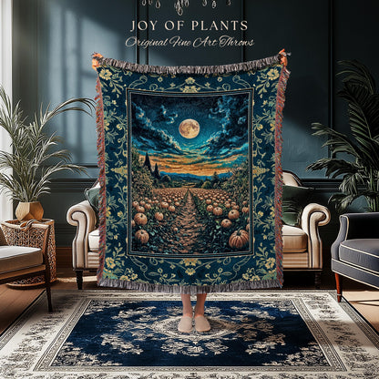 Dark Moody Harvest Moon Throw Blanket | Whimsigoth Dark Academia Vibe Pumpkin Patch Woven Tapestry Spooky Season Rustic Fall Decor Halloween