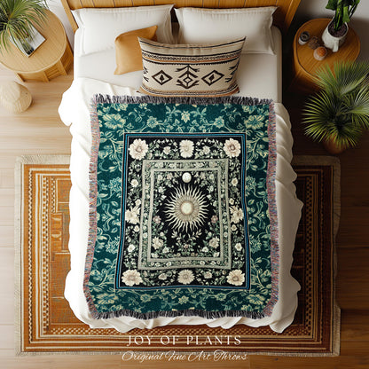 Witchy Celestial Sun Tapestry Woven | Magical Mystical Cozy Throw Blanket Astrology Tapestry Spiritual Golden Sun Dark Academia Maximalist |