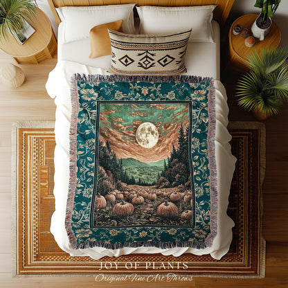 Moody Gothic Halloween Woven Blanket | Whimsical Fall Pumpkin Decor Full Moon Dark Academia Spooky Throw Rustic Autumn Accent Tapestry Art
