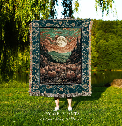 Moody Gothic Halloween Woven Blanket | Whimsical Fall Pumpkin Decor Full Moon Dark Academia Spooky Throw Rustic Autumn Accent Tapestry Art