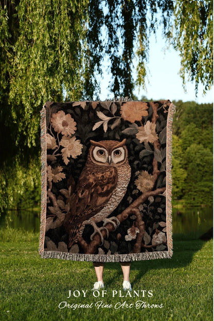 Whimsical Owl Vintage Tapestry | Vintage William Morris inspired Nature Blanket Woodland Botanical Maximalist Decor Woven Blanket Owl Throw