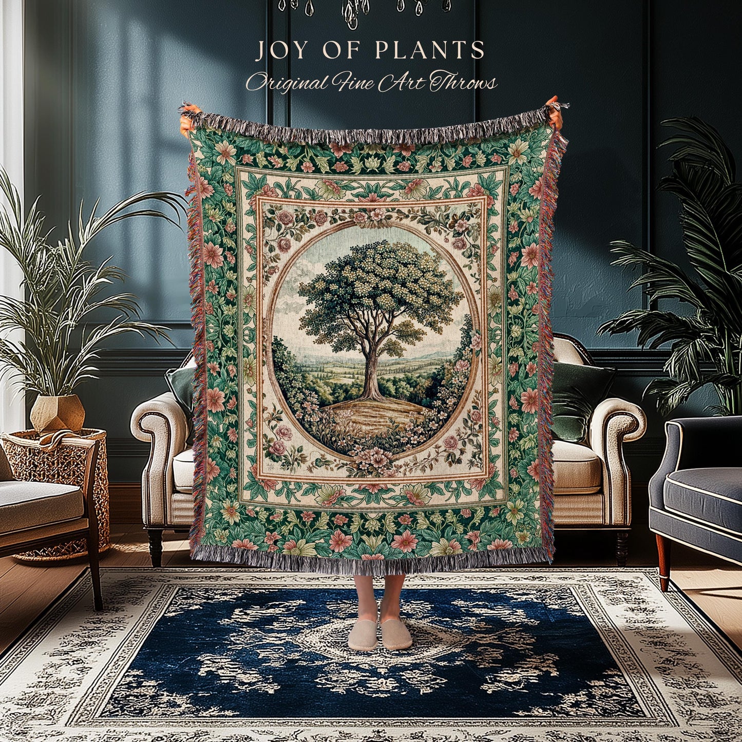 Romantic Ornate Botanical Countryside Tree Throw Blanket Woven Cotton Wall Tapestry