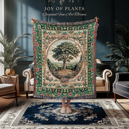 Romantic Ornate Botanical Countryside Tree Throw Blanket Woven Cotton Wall Tapestry