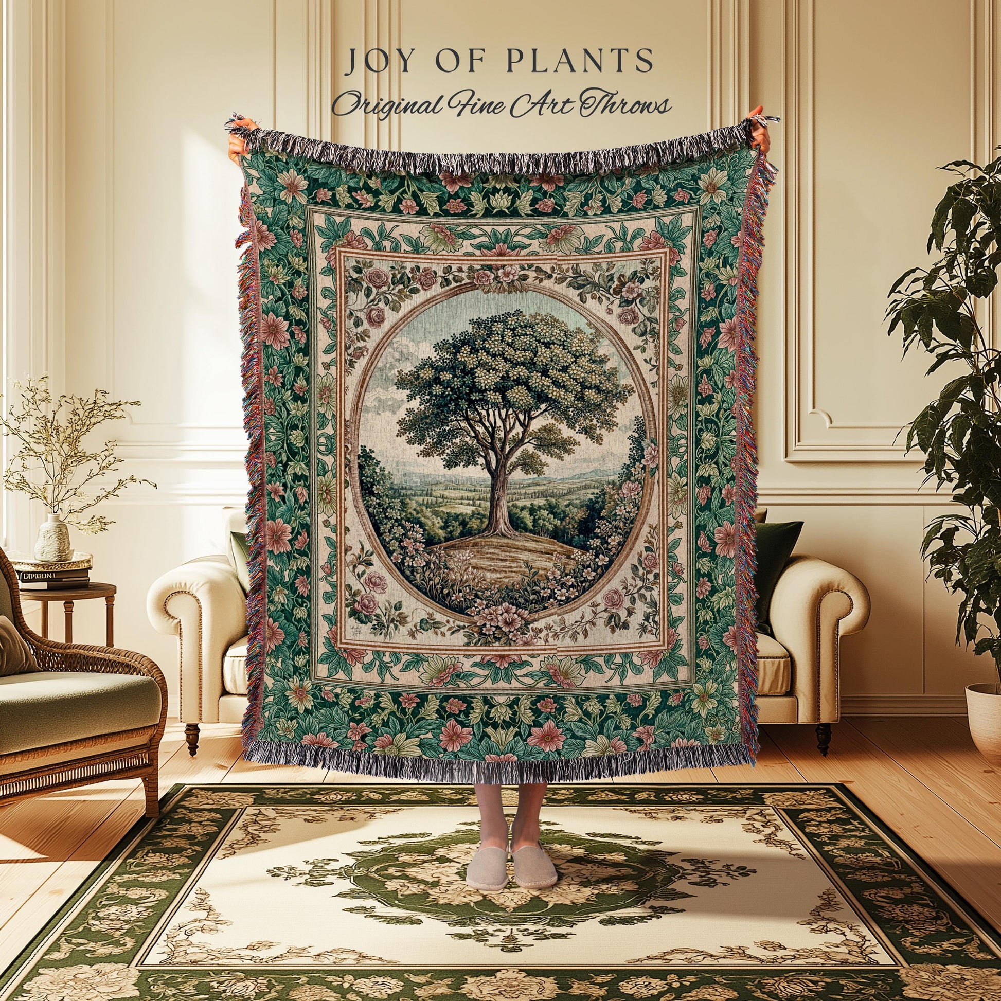 Romantic Ornate Botanical Countryside Tree Throw Blanket Woven Cotton Wall Tapestry
