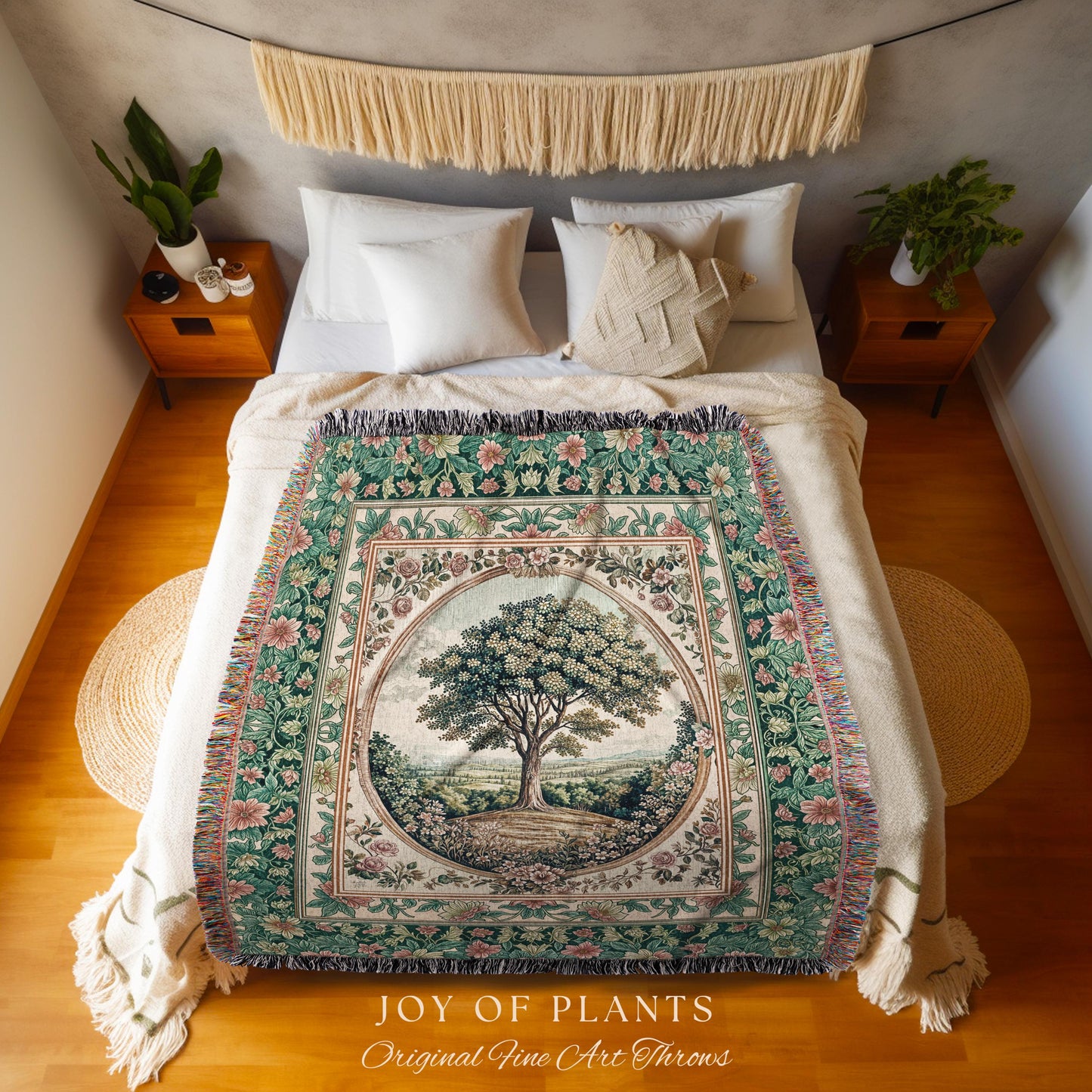 Romantic Ornate Botanical Countryside Tree Throw Blanket Woven Cotton Wall Tapestry