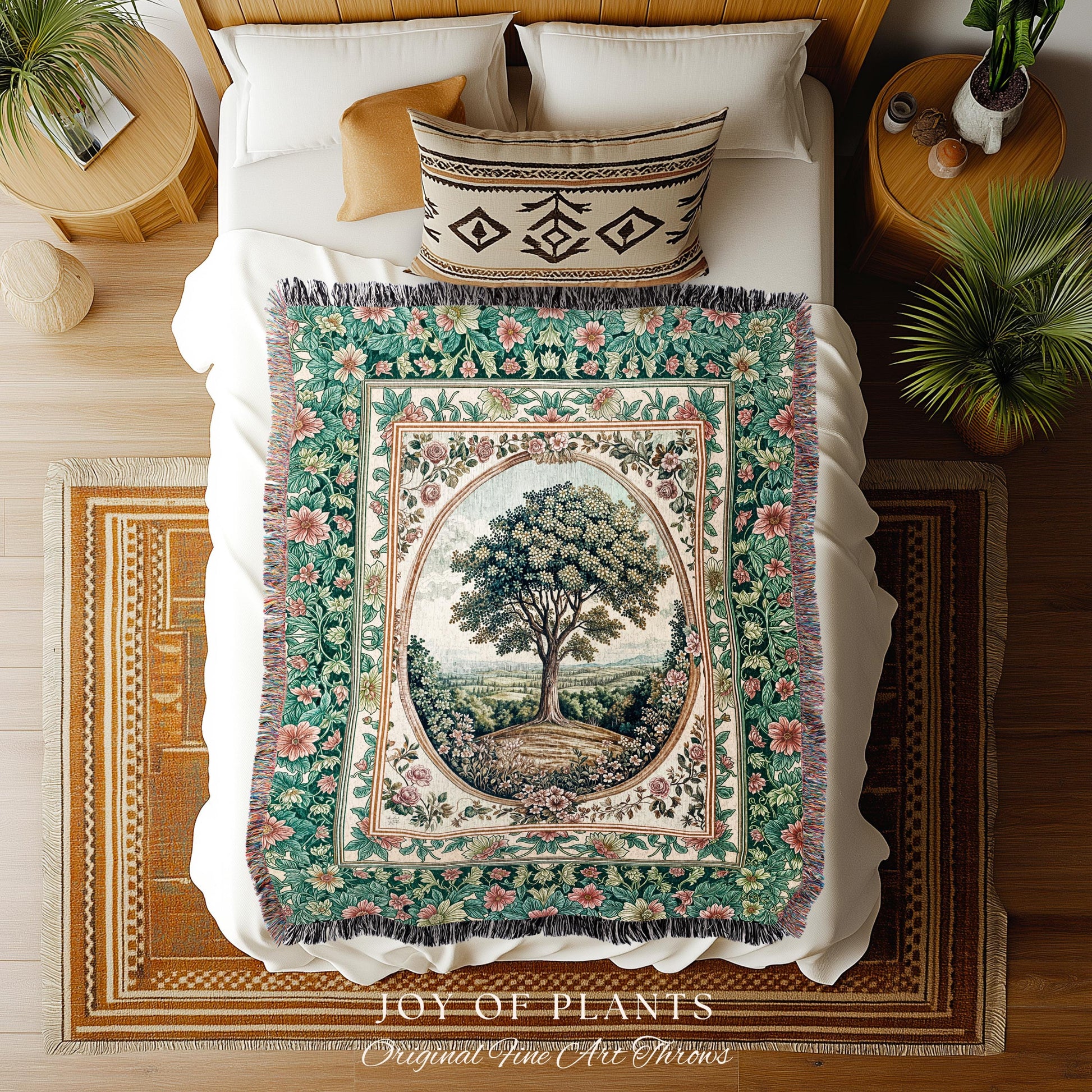 Romantic Ornate Botanical Countryside Tree Throw Blanket Woven Cotton Wall Tapestry