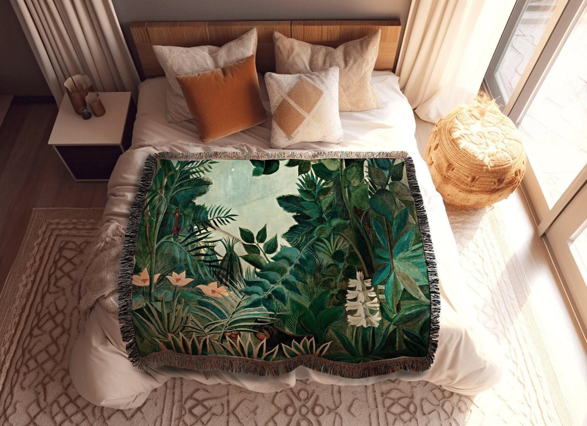 Vintage Jungle Aesthetic Woven Blanket | Tropical Bedding Decor Blanket Woven | Plant Decor Vintage Tropical Tapestry | Vintage Illustration
