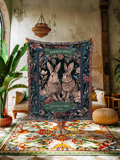 Cozy Couple Gift Personalized Bunny Blanket | Soft Cottagecore Rabbit Blanket Cute Couples Woven Tapestry Personalized Mr & Mrs Anniversary
