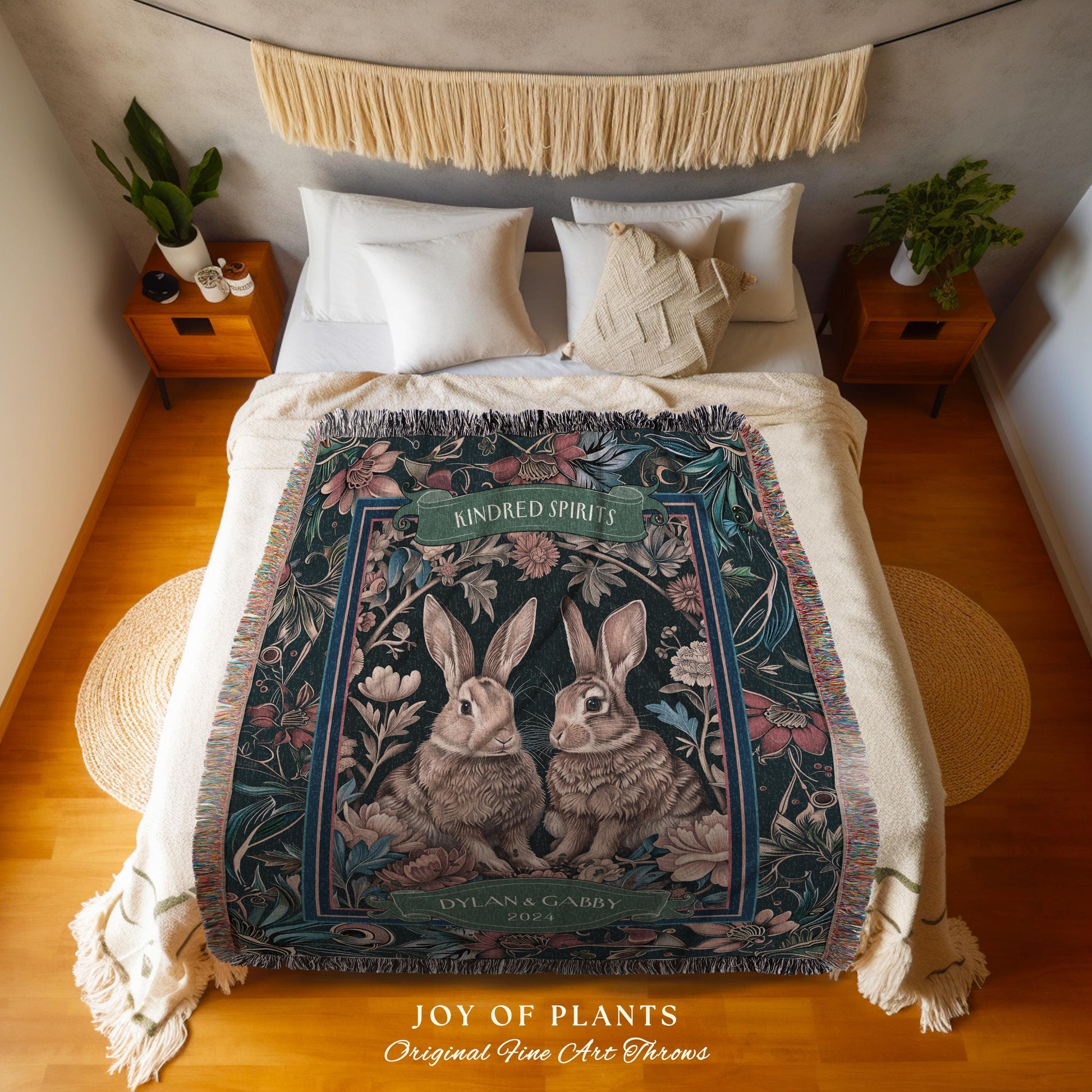 Cozy Couple Gift Personalized Bunny Blanket | Soft Cottagecore Rabbit Blanket Cute Couples Woven Tapestry Personalized Mr & Mrs Anniversary