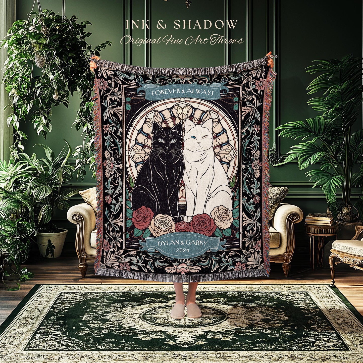 Romantic Keepsake Custom Woven Tapestry | Victorian Aesthetic Woven Blanket Custom His & Hers Gift for Couple Dark Academia Wedding Tapestry