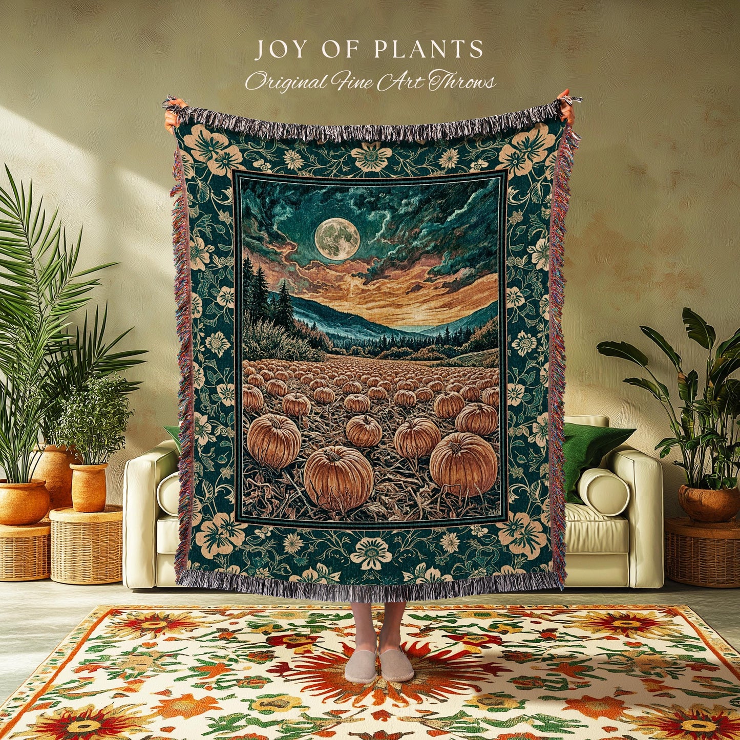 Colorful Ethereal Pumpkin Cozy Fall Blanket | Spooky Season Gothiccore Whimsigoth Decor Autumn Aesthetic Rustic Academia Tapestry Full Moon