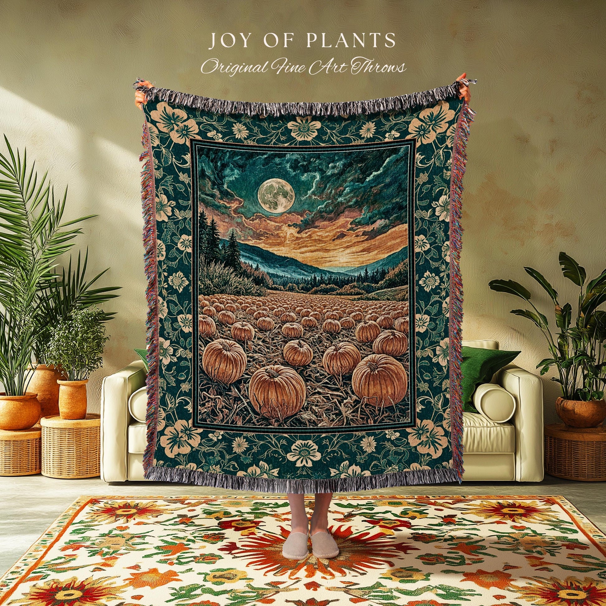 Colorful Ethereal Pumpkin Cozy Fall Blanket | Spooky Season Gothiccore Whimsigoth Decor Autumn Aesthetic Rustic Academia Tapestry Full Moon