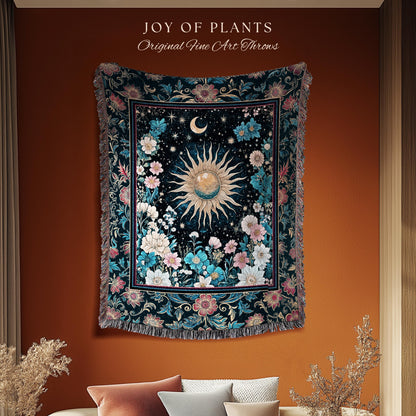 Celestial Sun Rustic Wall Tapestry | Eclectic Bedroom Accent Wildflowers Tapestry Cosmic Astrology Throw Blanket Psychedelic Tarot Decor |