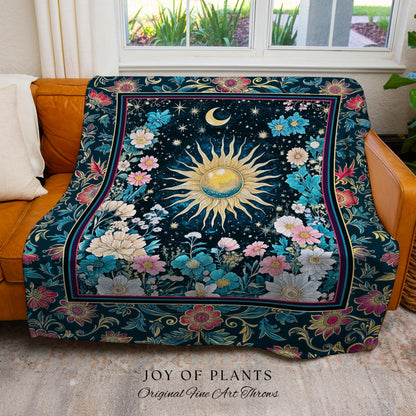 Celestial Sun Rustic Wall Tapestry | Eclectic Bedroom Accent Wildflowers Tapestry Cosmic Astrology Throw Blanket Psychedelic Tarot Decor |
