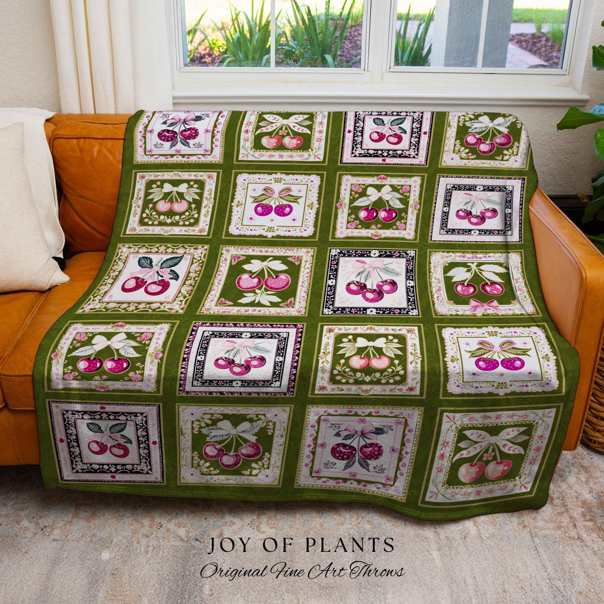 Checkered Farmhouse Cherries Blanket Whimsical Cottagecore Tapestry Throw | Coquette Folk Art Fruit Patchwork Bow Accent Woven Wall Decor
