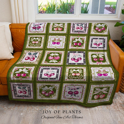 Checkered Farmhouse Cherries Blanket Whimsical Cottagecore Tapestry Throw | Coquette Folk Art Fruit Patchwork Bow Accent Woven Wall Decor