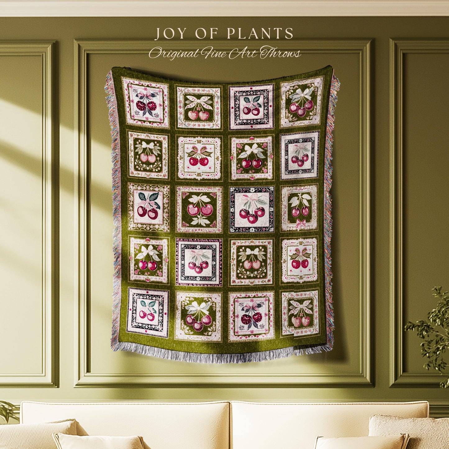 Checkered Farmhouse Cherries Blanket Whimsical Cottagecore Tapestry Throw | Coquette Folk Art Fruit Patchwork Bow Accent Woven Wall Decor