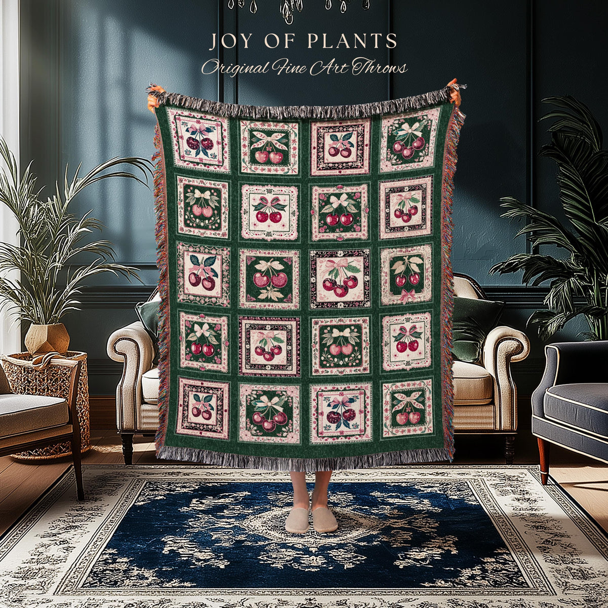 Retro Cherry Blanket Woven Throw | Girly Aesthetics Cottagecore Farmhouse Wall Tapestry Coquette Sweetheart Maximalist Decoration Vintage |