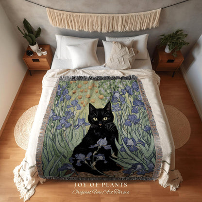 Black Cat Iris Flower Tapestry Woven Art Famous Cat Painting Decor Tapestry Black Cat Woven Blanket | Vincent Van Gogh Funny Tapestry Gift |