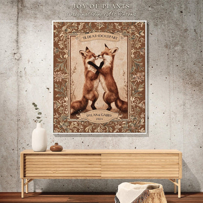 Playful Fox Couple Woven Throw Blanket | Forest Aesthetic Whimsical Woodland Wedding Anniversary Cottagecore Dating Gift Personalized Names