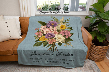 Family Birth Flower Bouquet Custom Blanket Personalized Family Throw Blanket Birth Month Flower Garden Family Name Tapestry Meaningful Gift