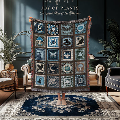 Rustic Witch Ethereal Throw Blanket | Whimsical Halloween Tapestry Cute Whimsigoth Bedroom Accent Spooky Aesthetic Gift Floral Goth Decor |