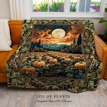 Witchy Aesthetic Woodland Autumn Throw | Cozy Gothic Whimsigoth Vibes Spooky Pumpkin Patch Decor Fall Accent Rustic Halloween Woven Tapestry