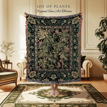 Verdant Flora Jungle Leaves Blanket | Maximalist Forestcore Tapestry Woven Wall Art Whimsical Plant Themed Cottagecore Inspired Home Decor