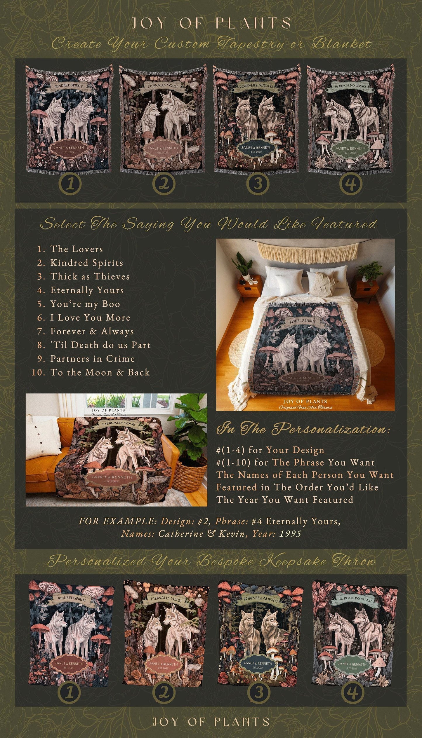 Mushroom Forest Wolf Couple Tapestry Blanket | Cottagecore Wedding Anniversary Mr & Mrs Personalized Unique Cute Couple Gift for Boyfriend |