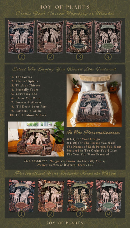 Mushroom Forest Wolf Couple Tapestry Blanket | Cottagecore Wedding Anniversary Mr & Mrs Personalized Unique Cute Couple Gift for Boyfriend |