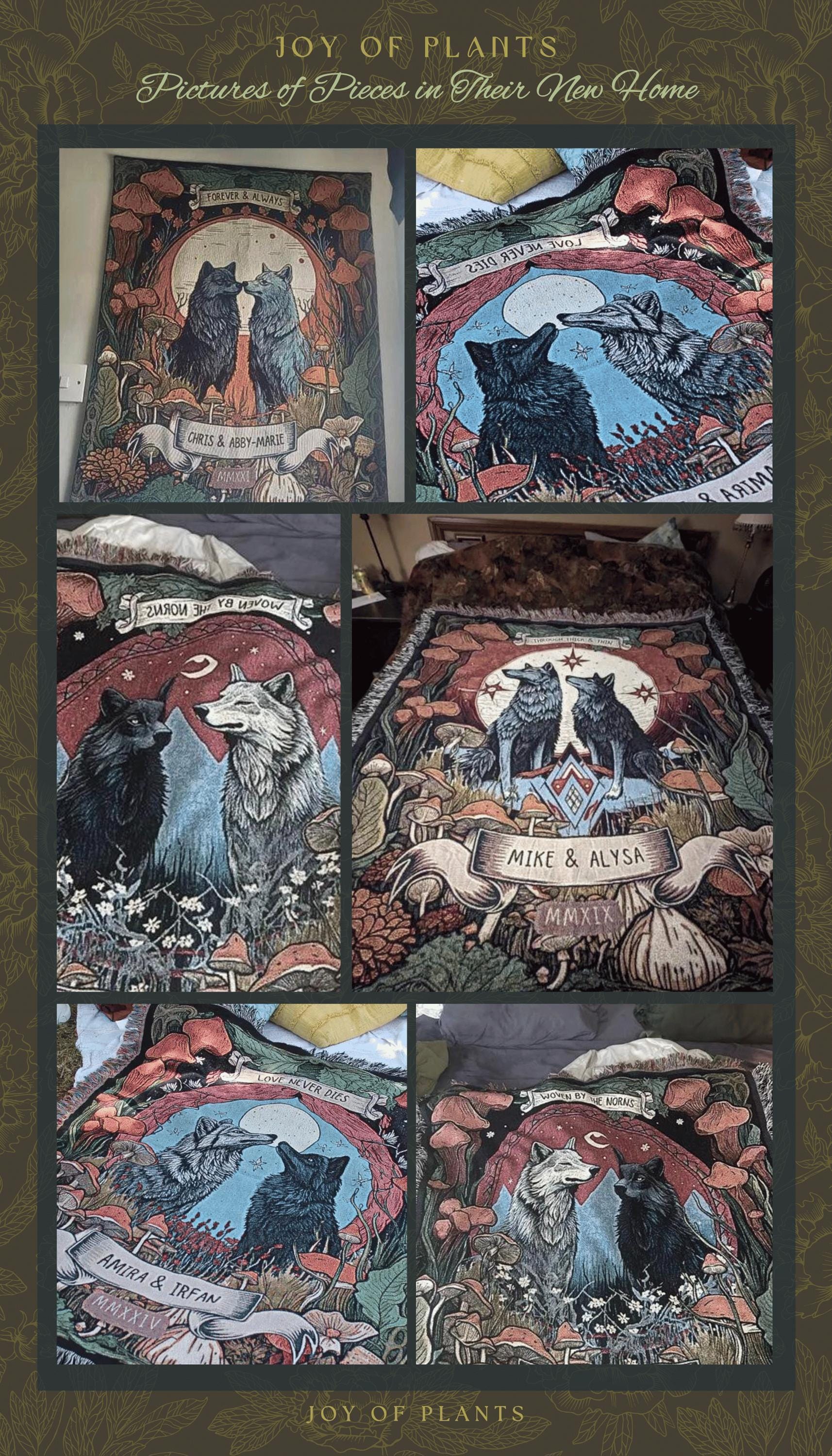 Mushroom Forest Wolf Couple Tapestry Blanket | Cottagecore Wedding Anniversary Mr & Mrs Personalized Unique Cute Couple Gift for Boyfriend |