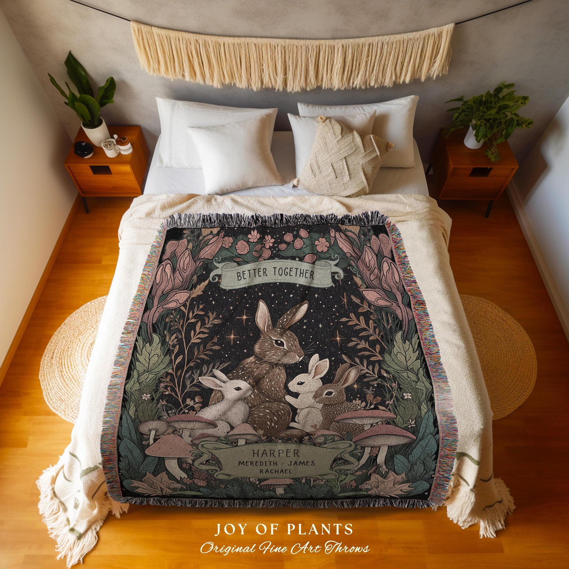 Family Bunnies Personalized Woven Tapestry | Woodland Cottagecore Throw Blanket Celestial Decor Custom Names Gift Sentimental From Children