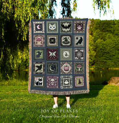 Witchy Magic Woven Cotton Throw Blanket | Rustic Halloween Bedroom Accent Gothic Spooky Decor Cozy Whimsigoth Tapestry Gift for Autumn Style