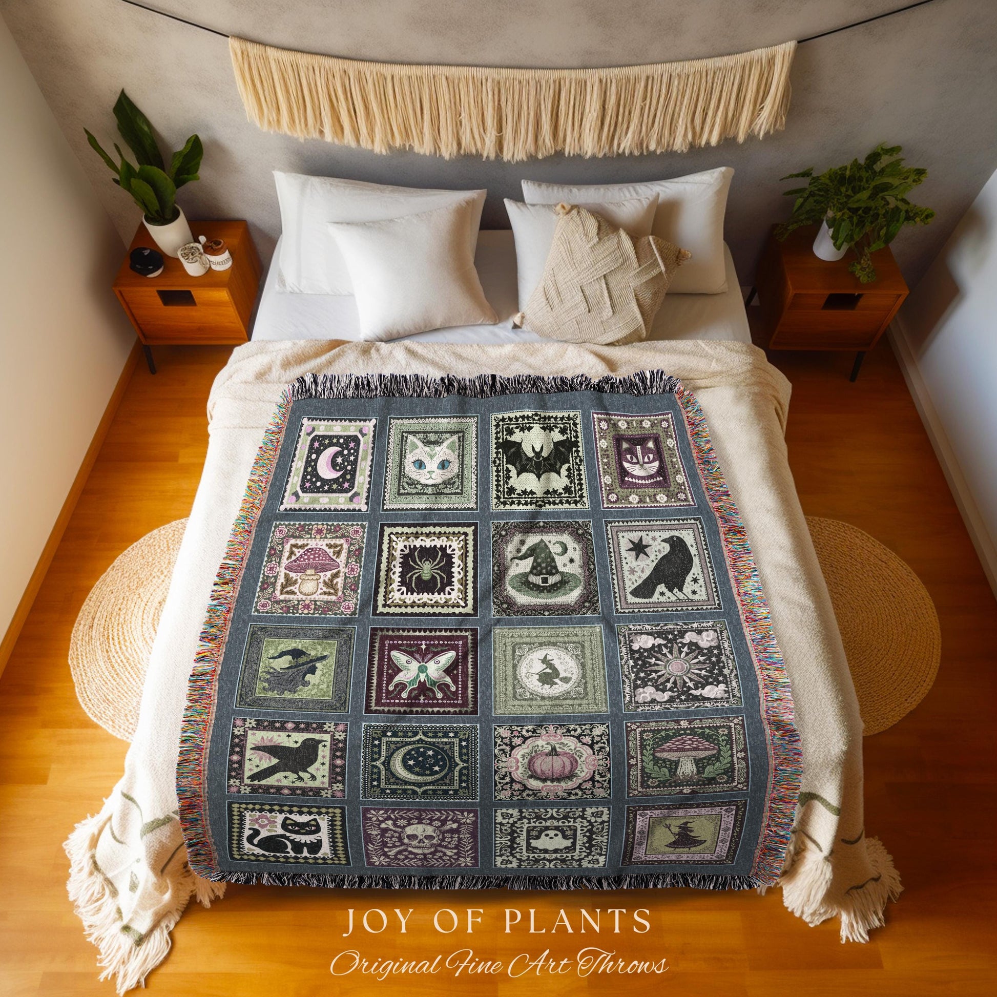 Witchy Magic Woven Cotton Throw Blanket | Rustic Halloween Bedroom Accent Gothic Spooky Decor Cozy Whimsigoth Tapestry Gift for Autumn Style