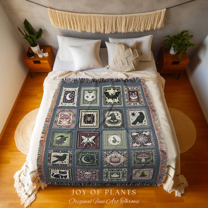 Witchy Magic Woven Cotton Throw Blanket | Rustic Halloween Bedroom Accent Gothic Spooky Decor Cozy Whimsigoth Tapestry Gift for Autumn Style